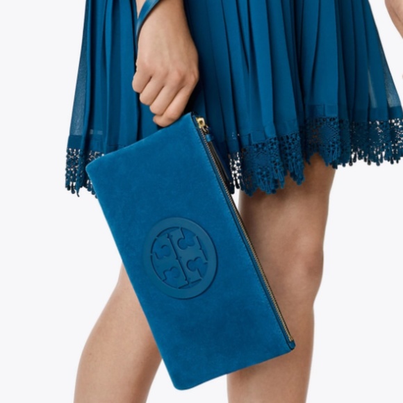 Tory Burch Handbags - Tory Burch Charlie Suede Clutch Suede Blue NWT